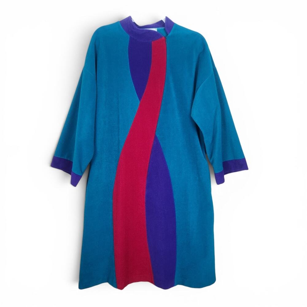 Vtg Vanity Fair Robe 70's Color Block Velour Size Medium 3/4 sleeves Zip Pockets